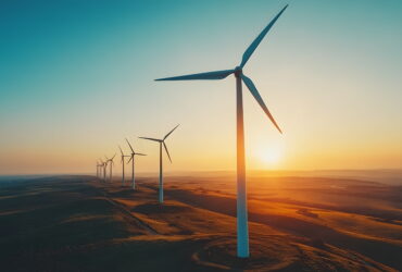 Row of wind turbines on a hill at sunset with a warm orange sky in the background.