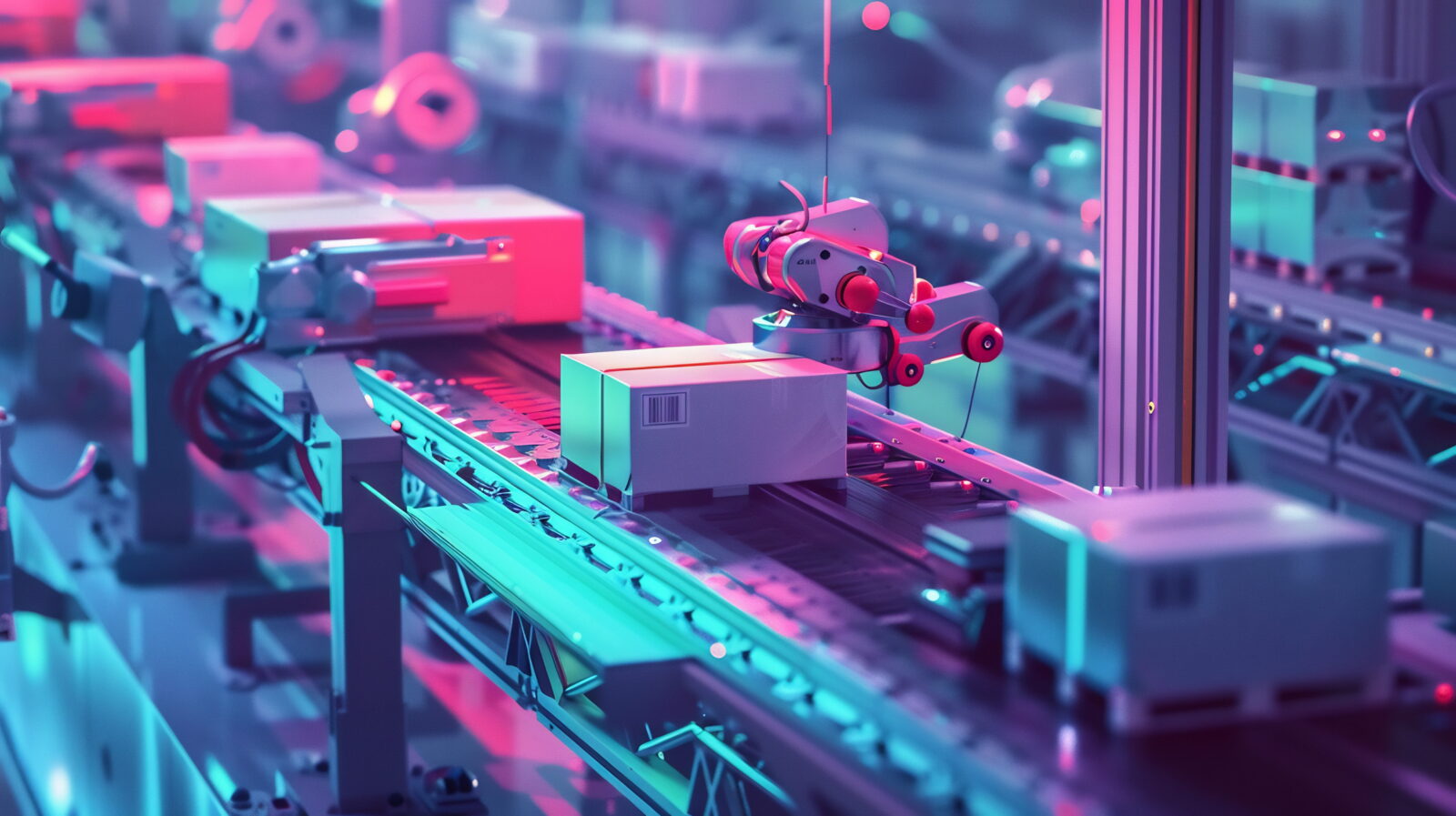 Robotic arm on a conveyor in a neon-lit automated factory scene