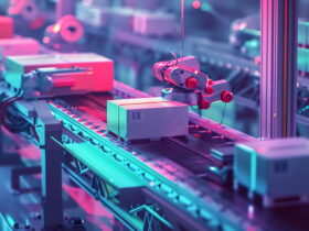 Robotic arm on a conveyor in a neon-lit automated factory scene