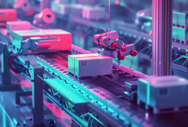 Robotic arm on a conveyor in a neon-lit automated factory scene