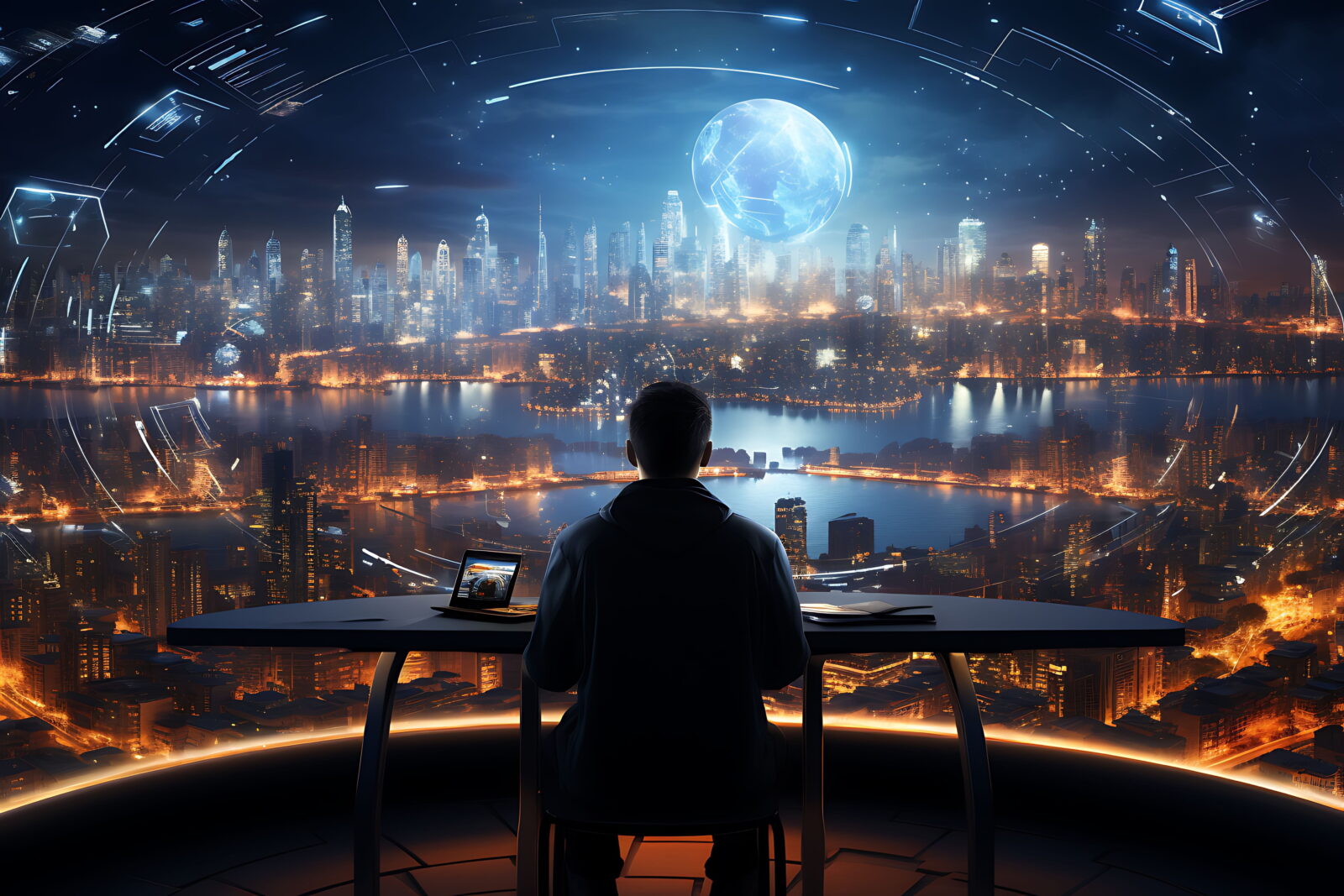 A person seated at a desk gazes at a glowing, futuristic cityscape with a large blue holographic globe overhead.