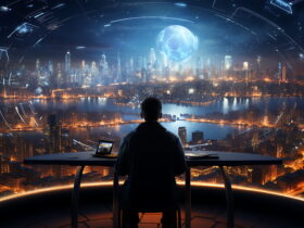 A person seated at a desk gazes at a glowing, futuristic cityscape with a large blue holographic globe overhead.
