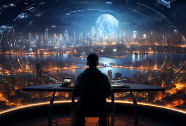 A person seated at a desk gazes at a glowing, futuristic cityscape with a large blue holographic globe overhead.