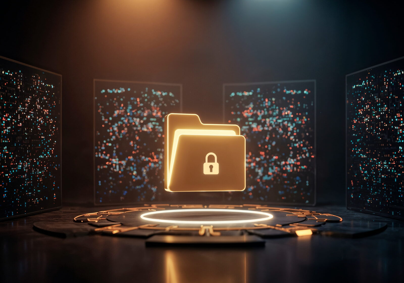 Glowing outlined folder icon with a lock in a high-tech data vault scene, symbolizing secure files and encryption.
