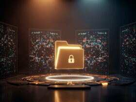 Glowing outlined folder icon with a lock in a high-tech data vault scene, symbolizing secure files and encryption.