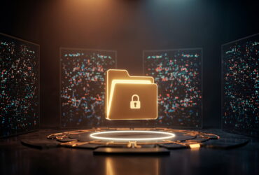 Glowing outlined folder icon with a lock in a high-tech data vault scene, symbolizing secure files and encryption.