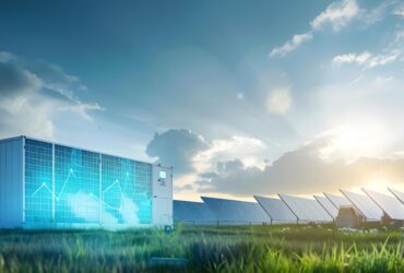 Wide view of a solar farm with rows of solar panels and a modern glass-front building under a bright blue sky and sunlight on the horizon.