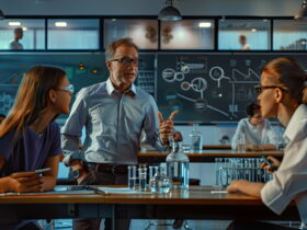 Instructor explaining a science concept to students in a lab, with glassware and a chalkboard full of diagrams in the background.