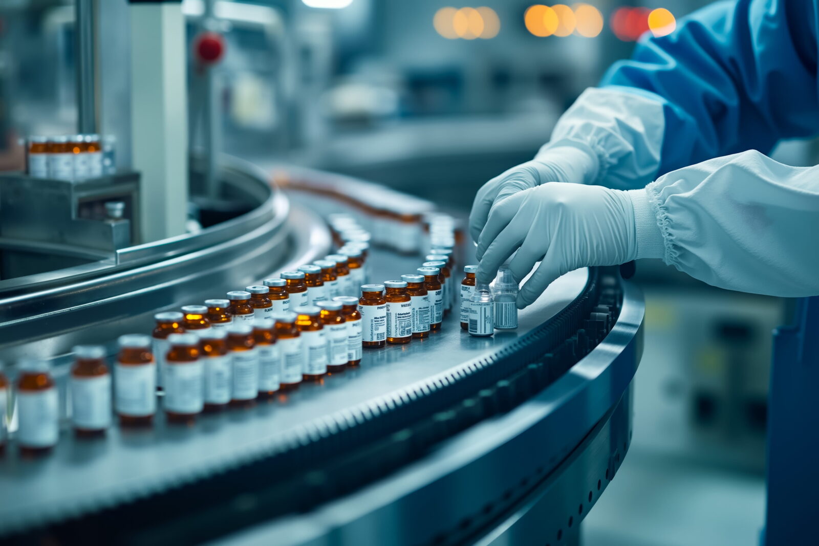Pharmacist's gloved hands handling small bottles on a curved conveyor in a laboratory setting