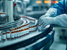 Pharmacist's gloved hands handling small bottles on a curved conveyor in a laboratory setting