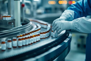 Pharmacist's gloved hands handling small bottles on a curved conveyor in a laboratory setting