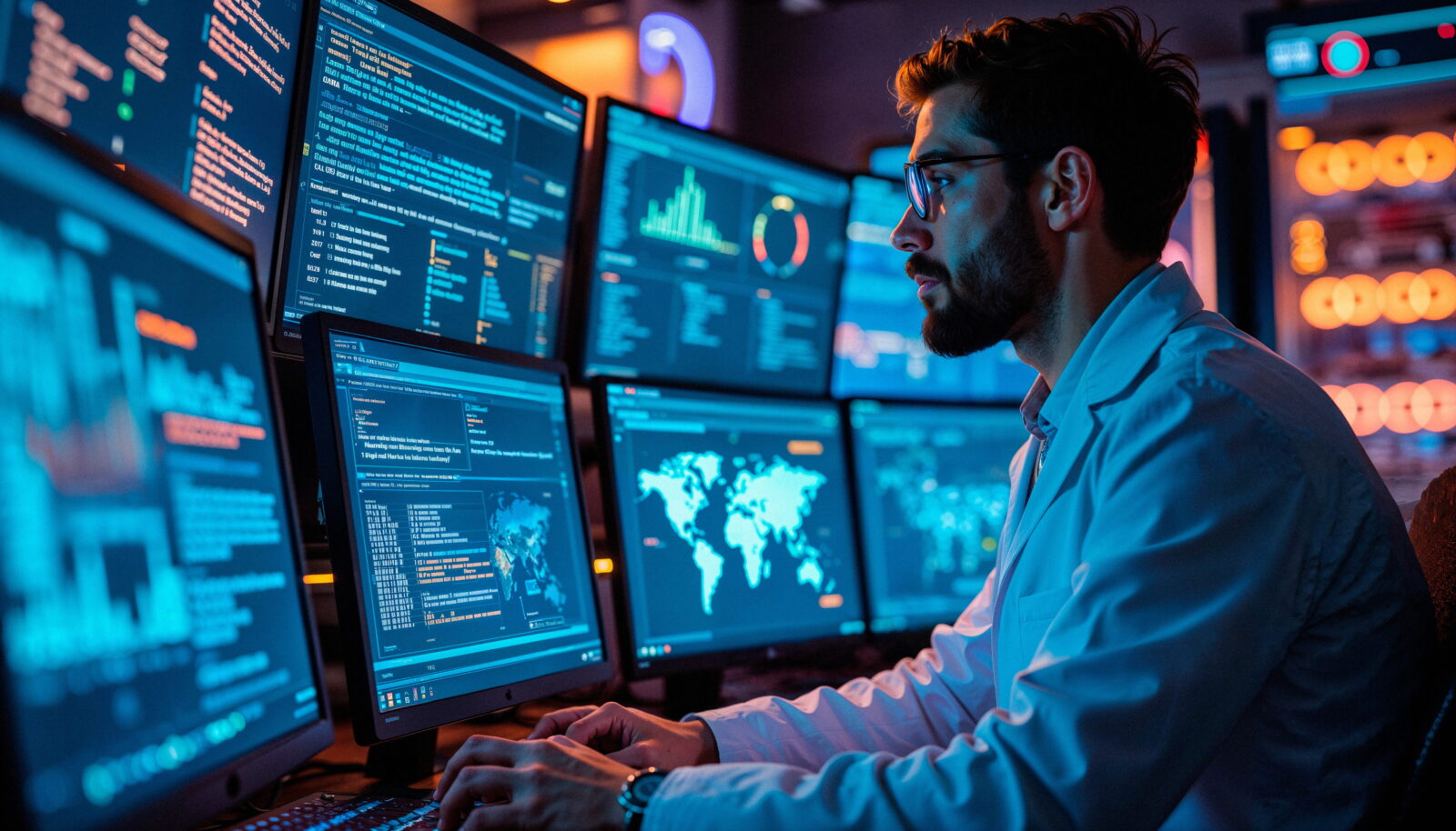 Tech professional with glasses and a beard typing at a row of computer monitors displaying code and dashboards in a blue-lit data center.