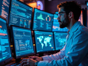 Tech professional with glasses and a beard typing at a row of computer monitors displaying code and dashboards in a blue-lit data center.