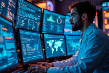 Tech professional with glasses and a beard typing at a row of computer monitors displaying code and dashboards in a blue-lit data center.