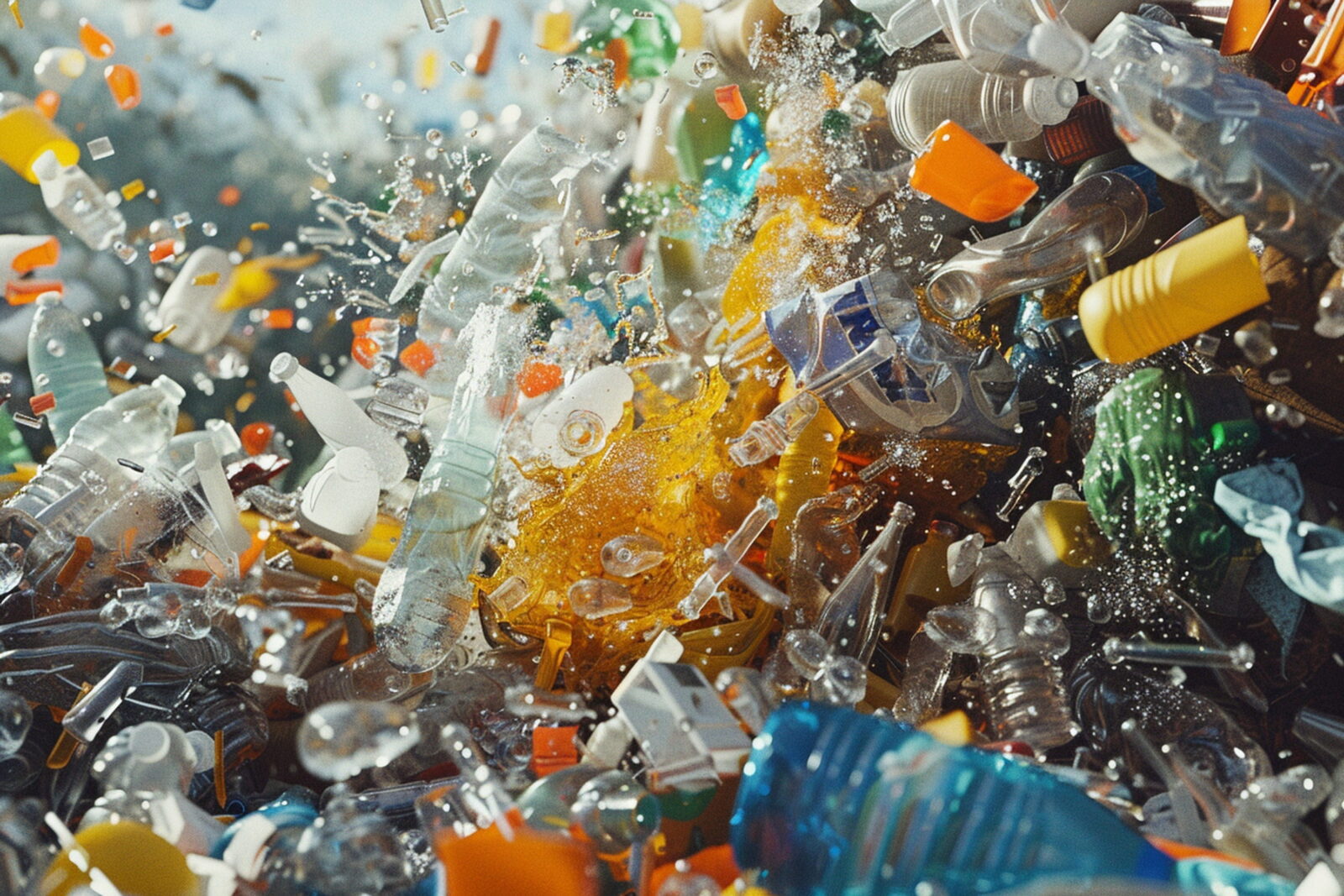Chaotic swirl of plastic waste with bottle pieces and caps suspended in water or air, illustrating plastic pollution.