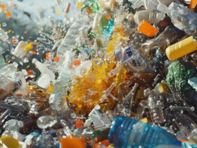Chaotic swirl of plastic waste with bottle pieces and caps suspended in water or air, illustrating plastic pollution.