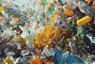 Chaotic swirl of plastic waste with bottle pieces and caps suspended in water or air, illustrating plastic pollution.