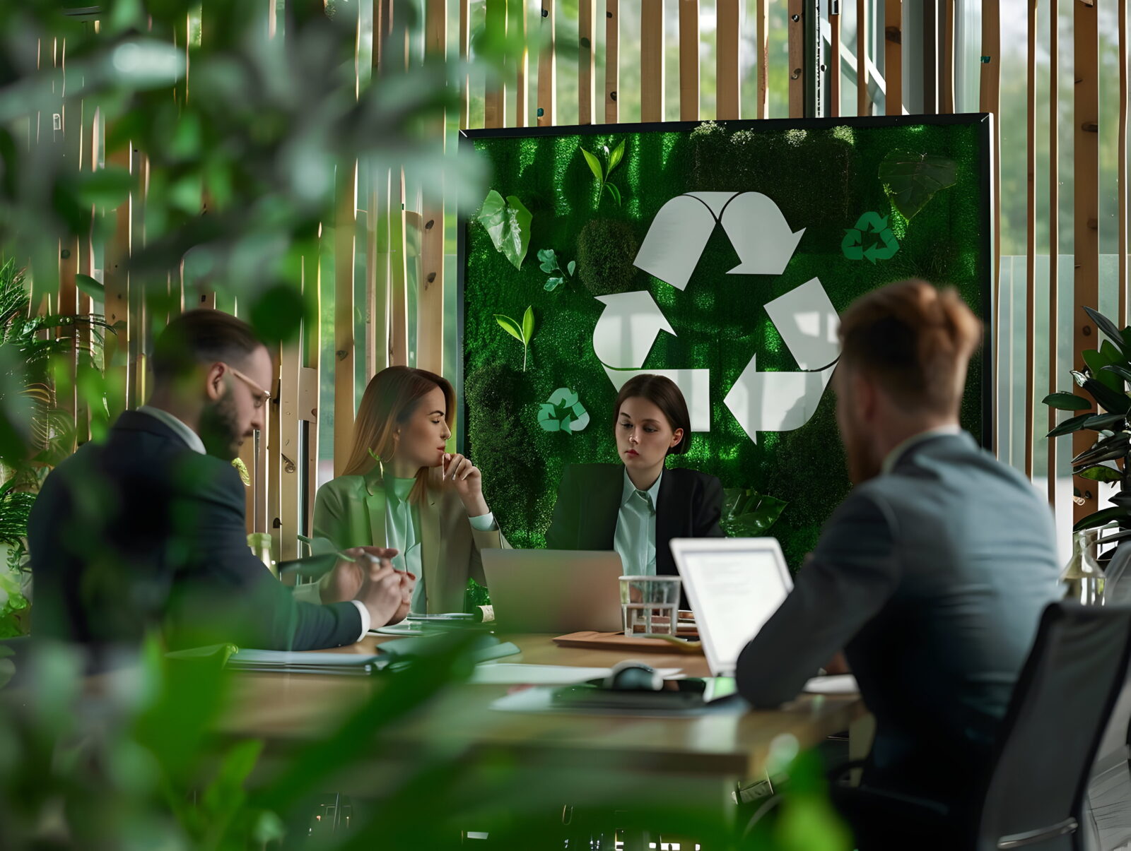 Business meeting around a table in a green office; moss wall with a recycling logo behind.