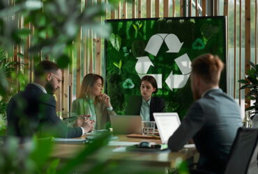 Business meeting around a table in a green office; moss wall with a recycling logo behind.