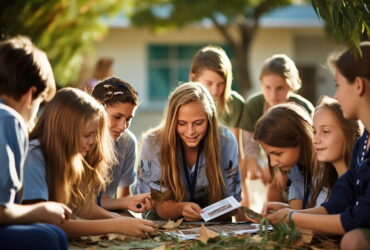 Group of students outside, gathered around a table, examining leaves and papers together.