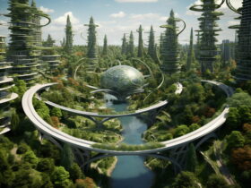 Futuristic cityscape with spiraling towers and a floating glass sphere at center amid greenery and a winding river