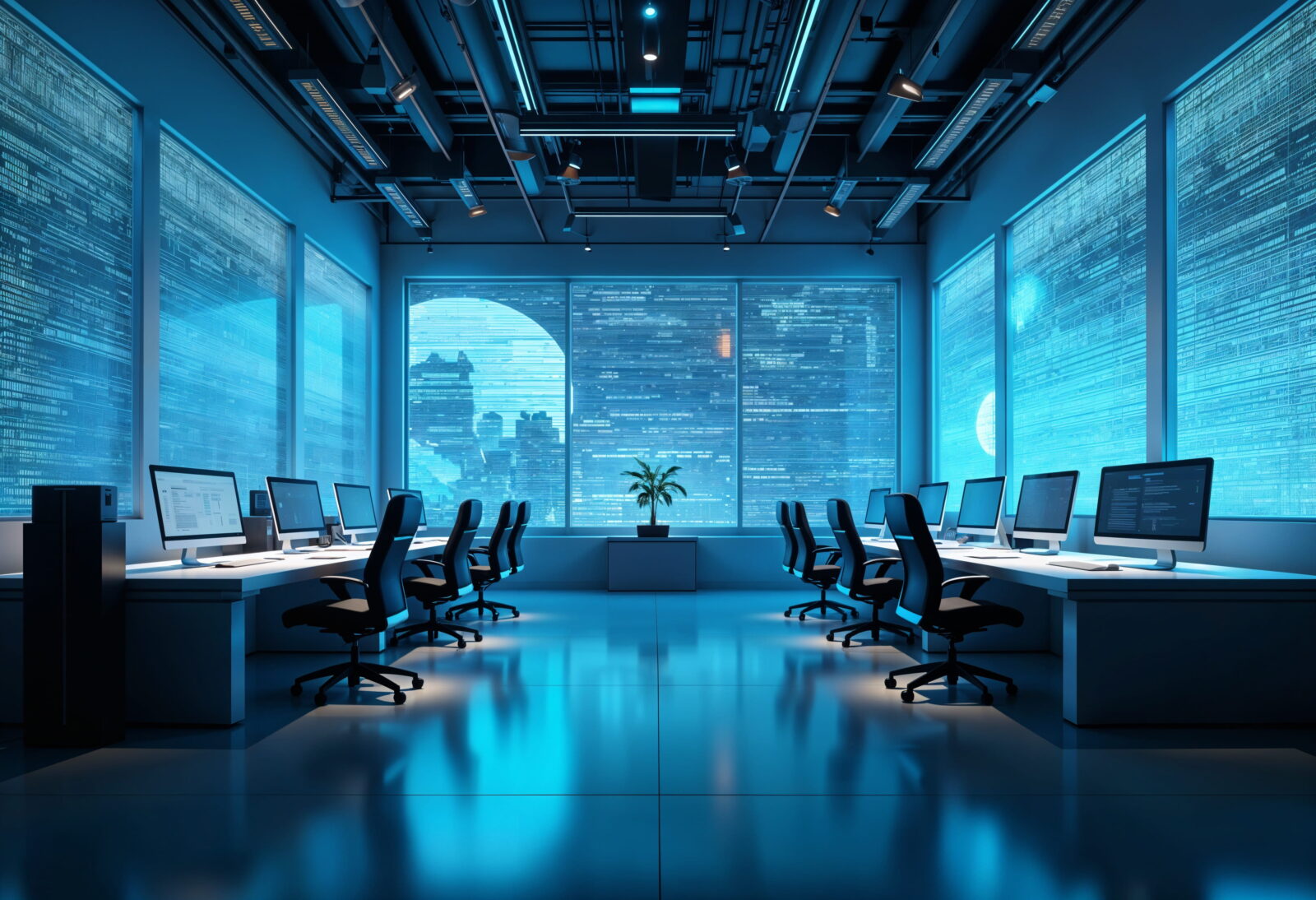 Modern computer lab with rows of desks and monitors, blue neon lighting, and large windows showing a cityscape outside