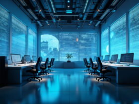 Modern computer lab with rows of desks and monitors, blue neon lighting, and large windows showing a cityscape outside