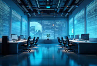 Modern computer lab with rows of desks and monitors, blue neon lighting, and large windows showing a cityscape outside