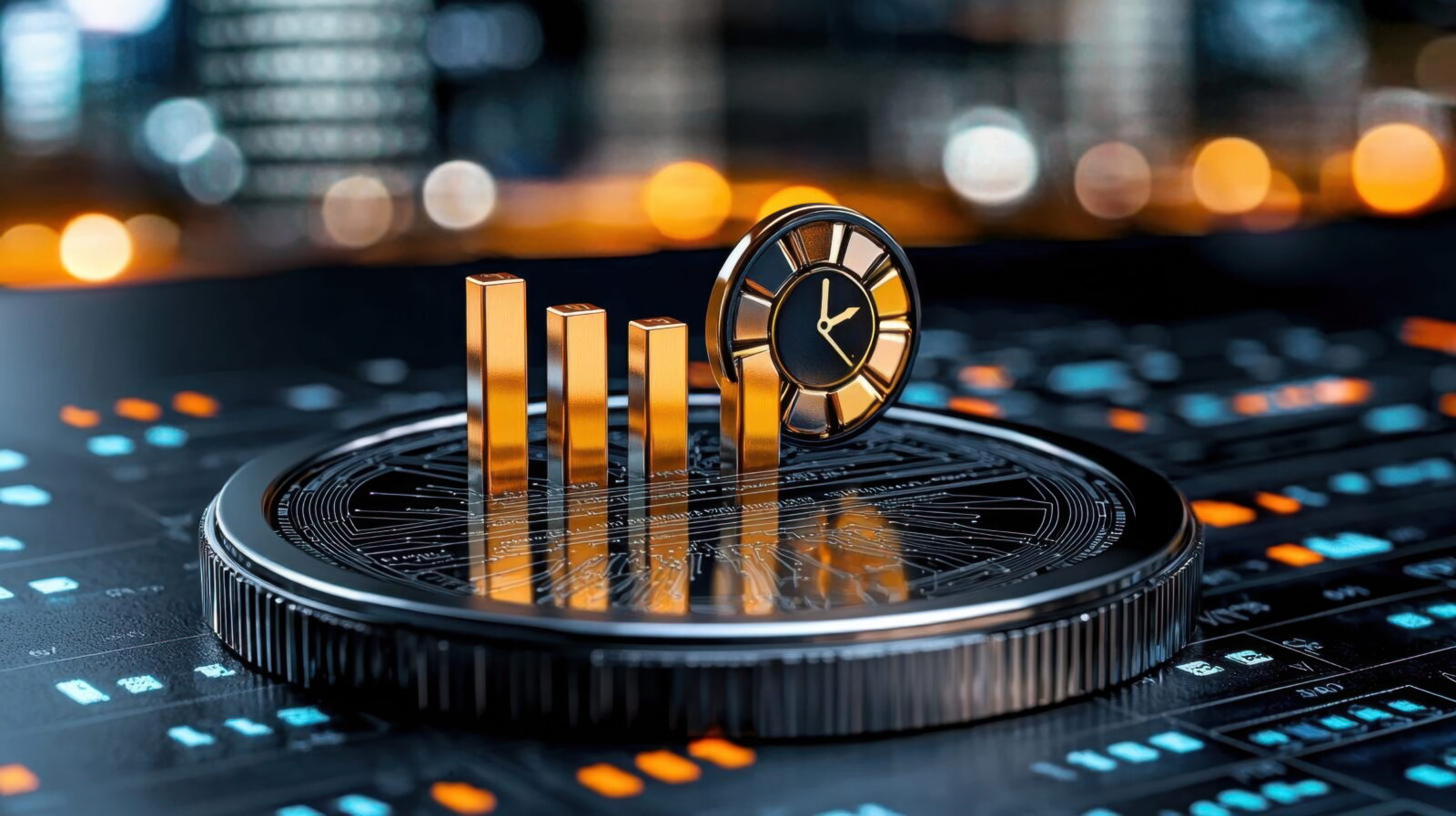 Gold bars arranged beside a round black-and-gold clock on a metallic coin-like disk, set on a circuit board with colorful bokeh lights in the background.