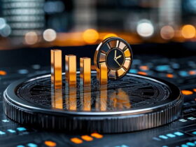 Gold bars arranged beside a round black-and-gold clock on a metallic coin-like disk, set on a circuit board with colorful bokeh lights in the background.