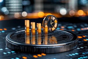 Gold bars arranged beside a round black-and-gold clock on a metallic coin-like disk, set on a circuit board with colorful bokeh lights in the background.