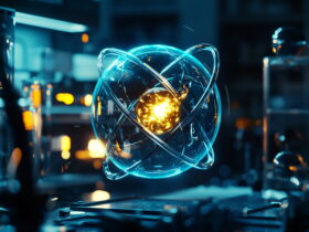 Glass orb with intertwined blue loops around a glowing gold core in a dark lab setting.