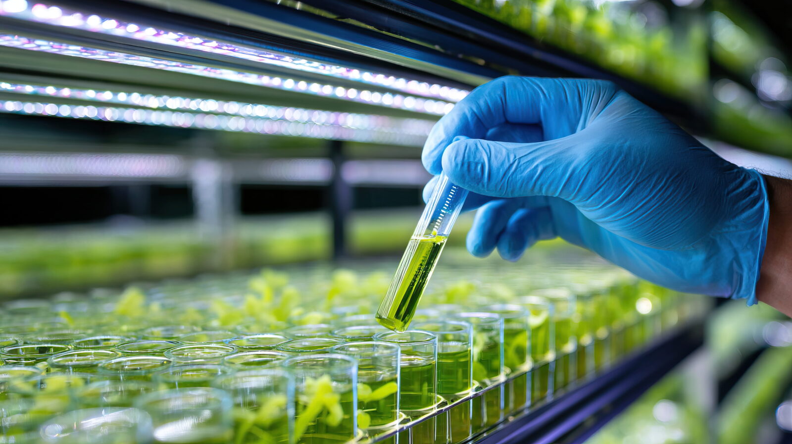 Gloved hand holding a test tube with bright green liquid over a bench of hydroponic plants under blue LED grow lights.
