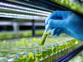 Gloved hand holding a test tube with bright green liquid over a bench of hydroponic plants under blue LED grow lights.