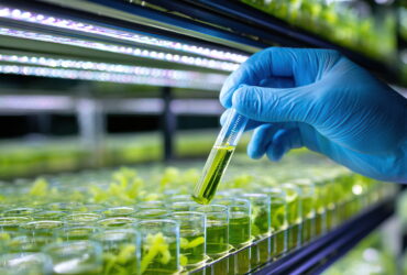 Gloved hand holding a test tube with bright green liquid over a bench of hydroponic plants under blue LED grow lights.