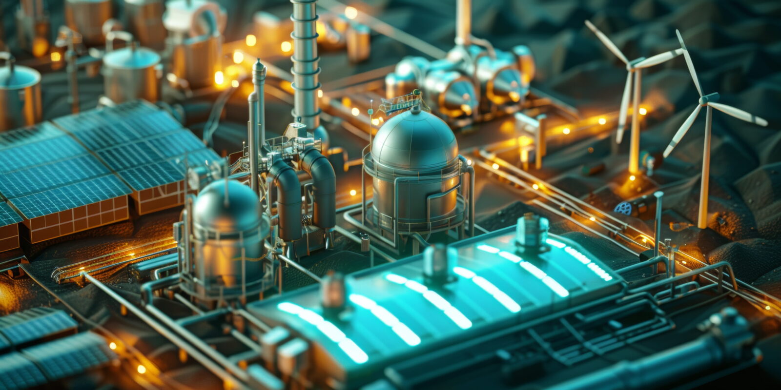 Futuristic energy facility with domed reactors, interconnected pipes, solar panels, and wind turbines glowing at dusk.