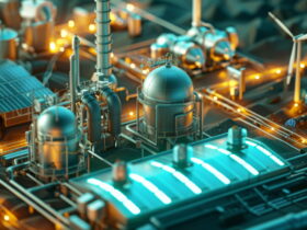 Futuristic energy facility with domed reactors, interconnected pipes, solar panels, and wind turbines glowing at dusk.