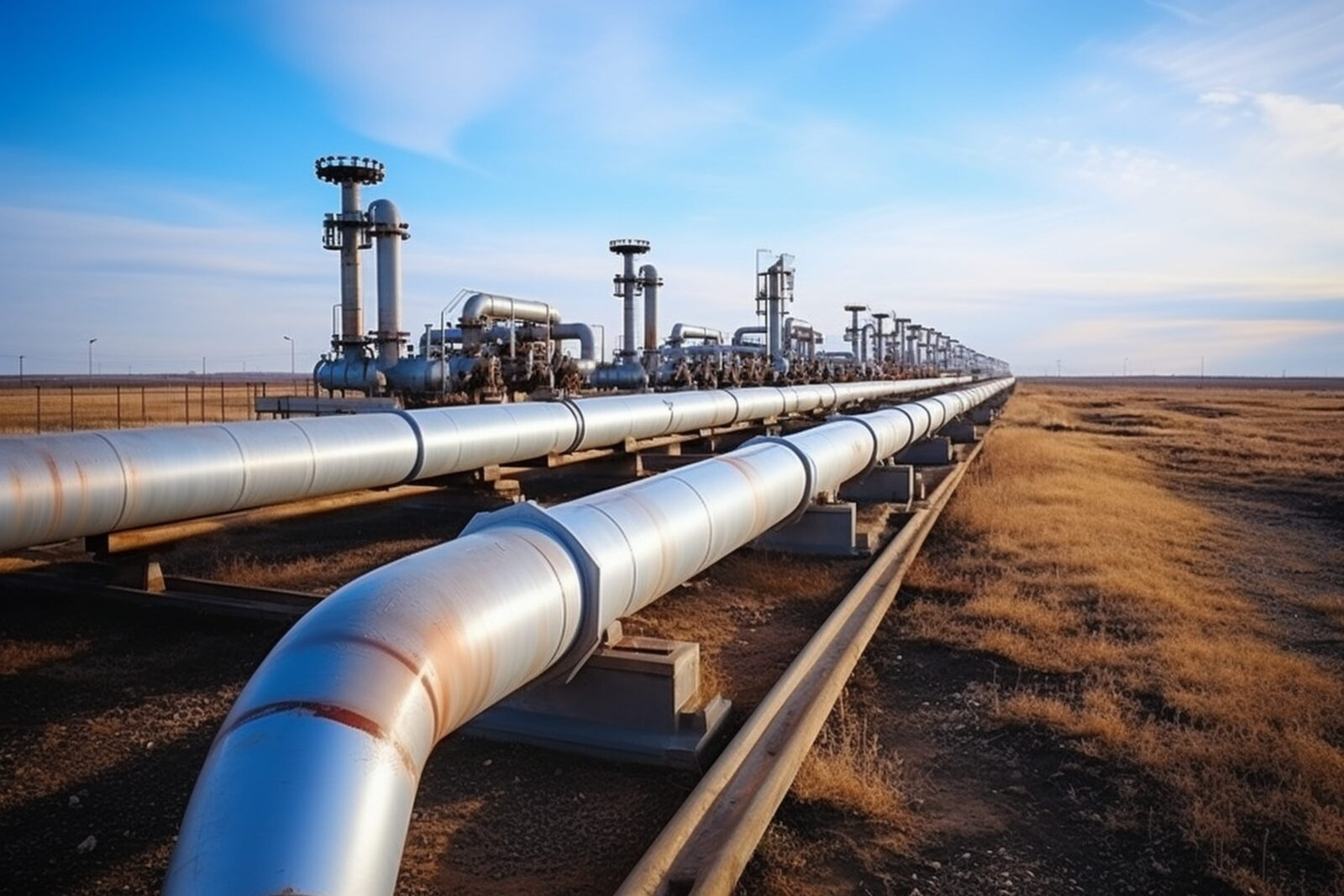 Long row of large metallic pipelines and industrial processing equipment extending across a desert landscape under a blue sky.