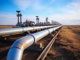 Long row of large metallic pipelines and industrial processing equipment extending across a desert landscape under a blue sky.