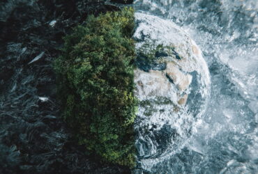 Rocky outcrop with dense green vegetation emerging from dark, swirling water and frosted rock edges on the right side.