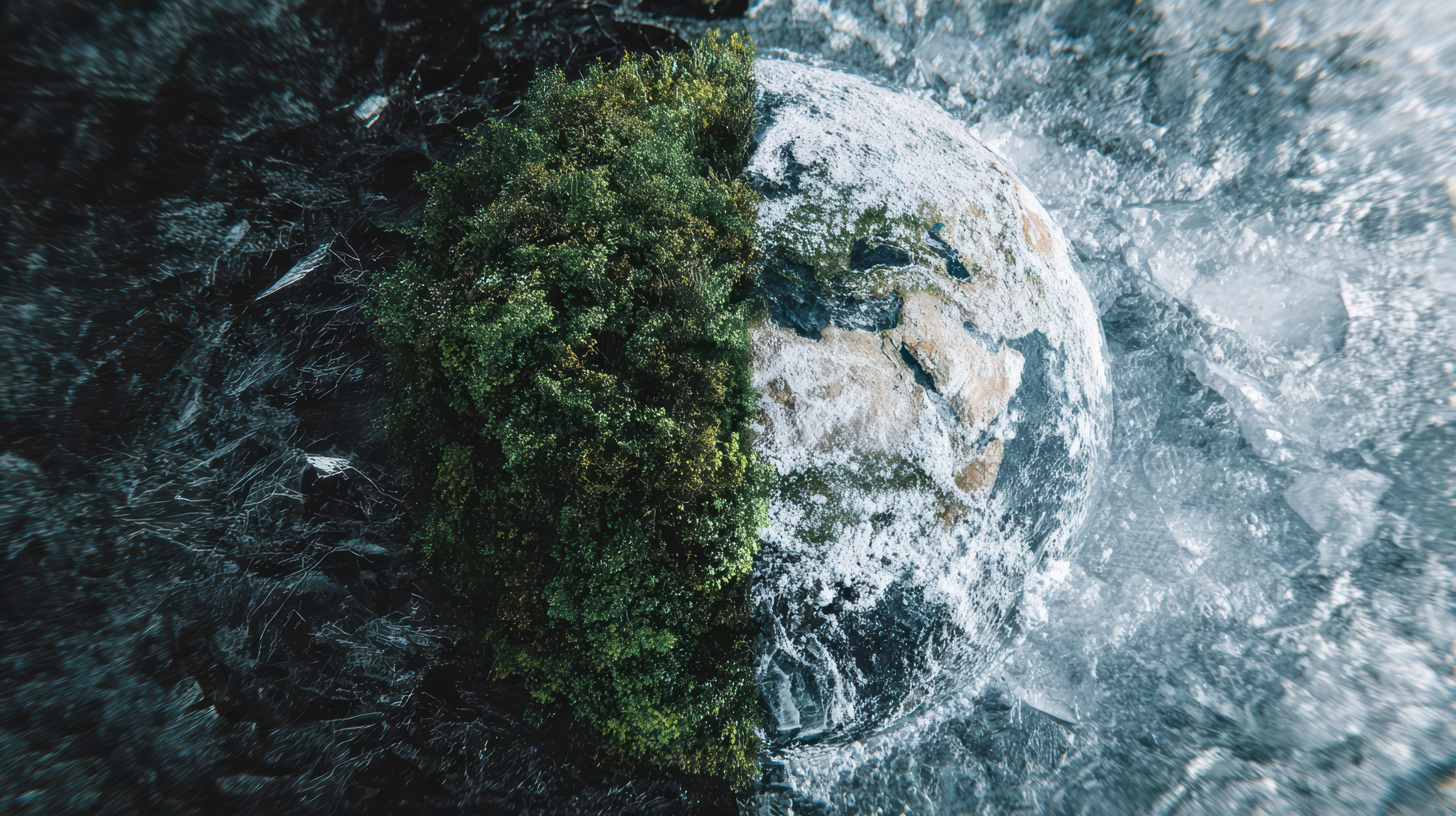Rocky outcrop with dense green vegetation emerging from dark, swirling water and frosted rock edges on the right side.