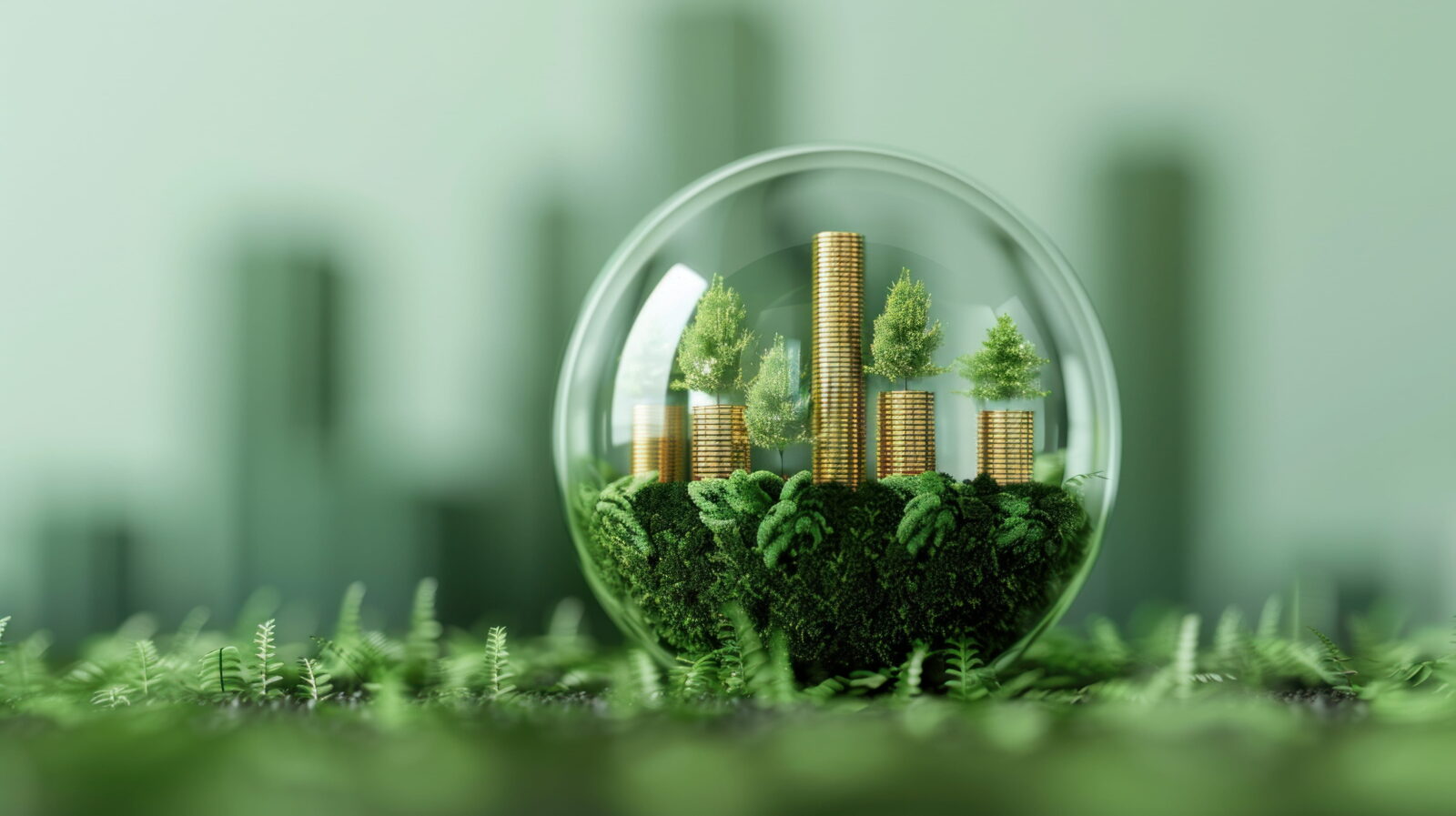 Glass globe containing a miniature forest and stacked gold coins, representing green finance and sustainable investment growth.