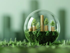 Glass globe containing a miniature forest and stacked gold coins, representing green finance and sustainable investment growth.