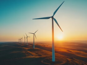 Row of wind turbines across an open landscape at sunset with a warm golden sky on the horizon.
