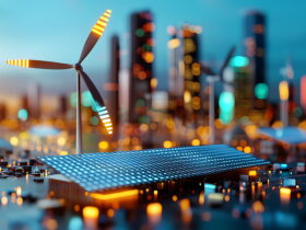 Wind turbine blade in foreground with a blurred city skyline and solar panels in the foreground at dusk, showing renewable energy.