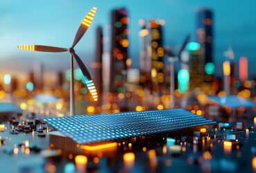 Wind turbine blade in foreground with a blurred city skyline and solar panels in the foreground at dusk, showing renewable energy.