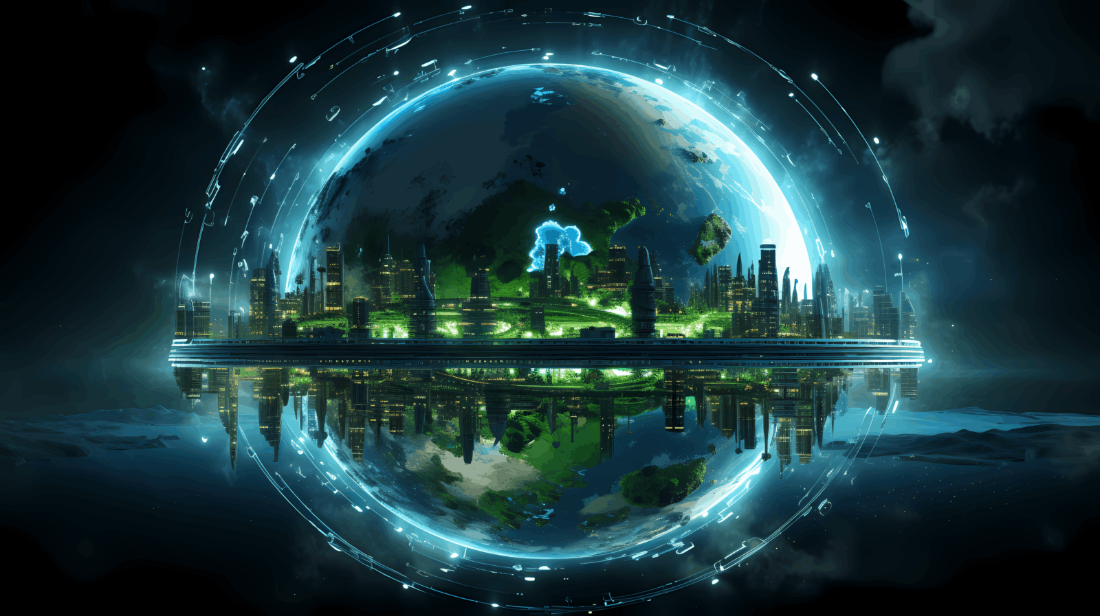 Futuristic city under a glowing glass dome, with a blue neon skyline and a planet visible in the background.