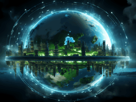 Futuristic city under a glowing glass dome, with a blue neon skyline and a planet visible in the background.