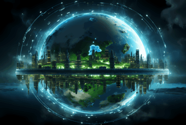 Futuristic city under a glowing glass dome, with a blue neon skyline and a planet visible in the background.