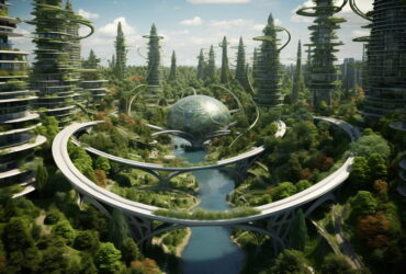 Futuristic city with spiraling green towers, circular terraces, and a central glass sphere over a winding river.